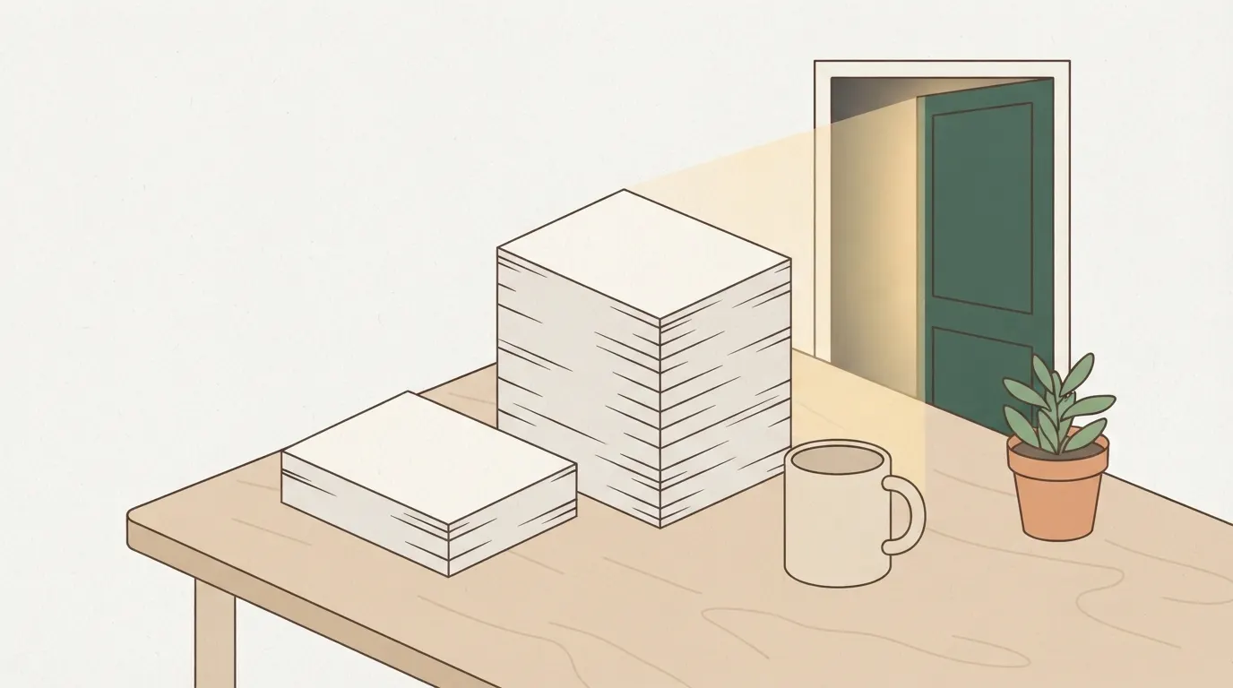同じ机の上に、薄い資料の束と厚い資料の束が並んで置かれ、支えの量の違いを示すイメージ。